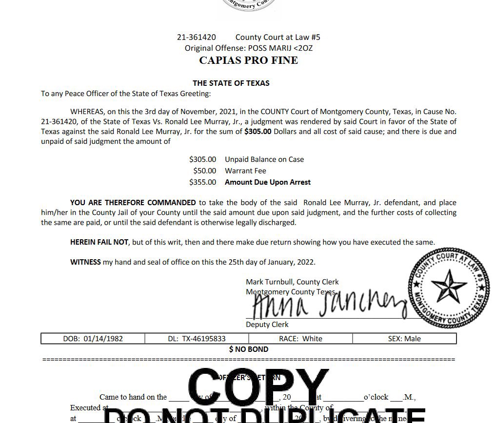 Ronald Murray's court document for a Marijuana charge