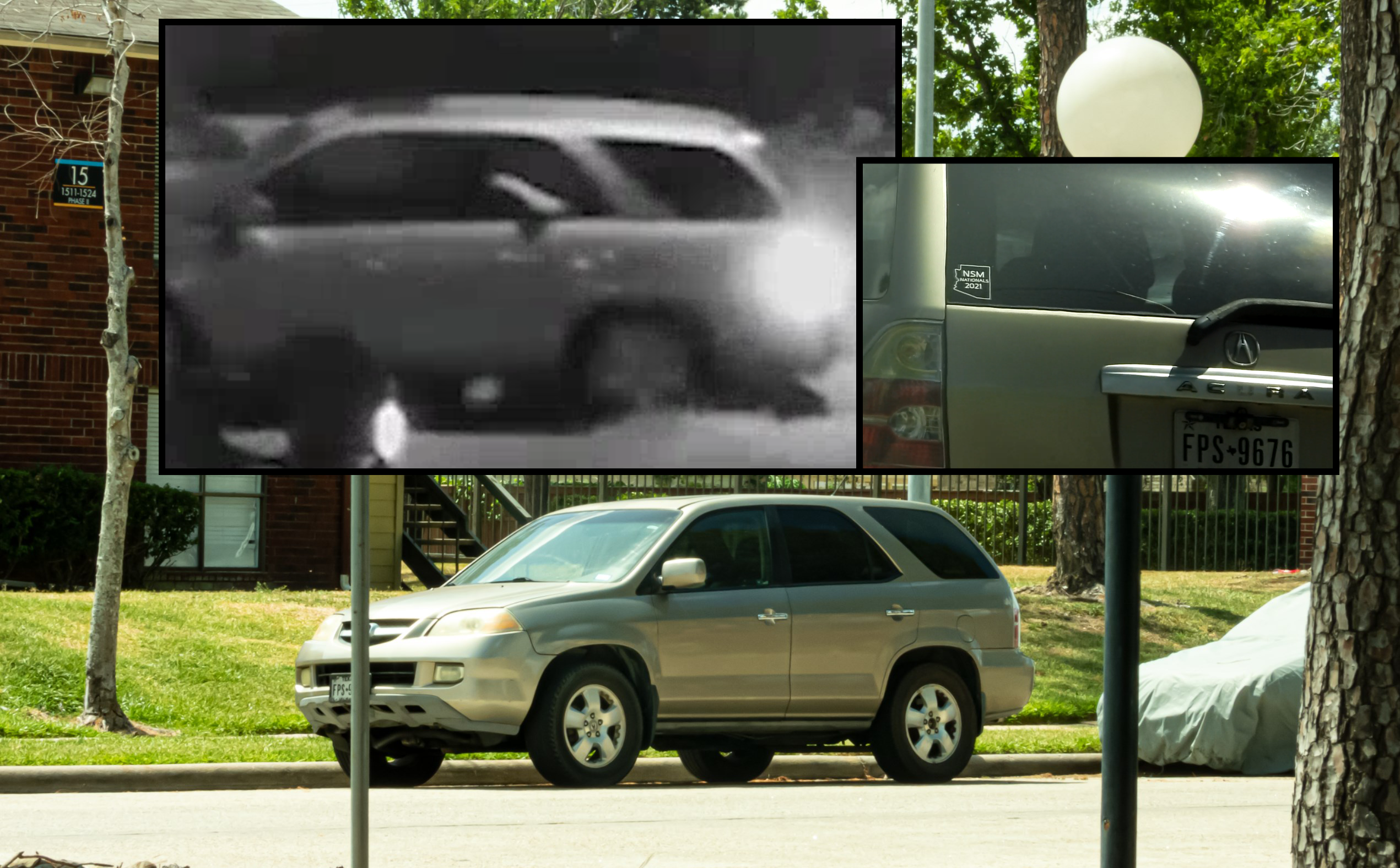 Ronald Murray's Tan SUV is pictured in front of his apartment, compared to the same vehicle seen in Ring footage by victims of his racist flyers. A National Socialist Movement (NSM) sticker sits on the back windshield of the vehicle.
