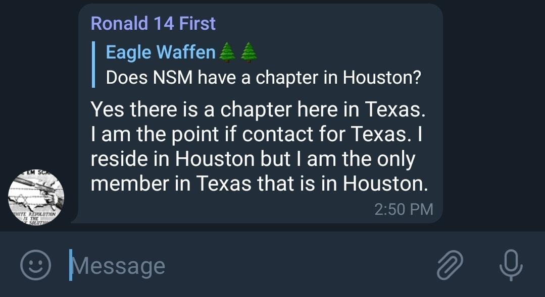 Ronald Murray's Telegram post about NSM Houston